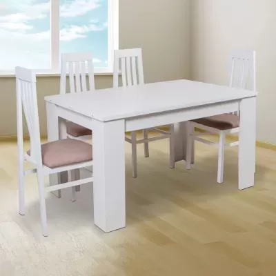 Mesa de jantar branca com quatro cadeiras estofadas cor de rosa