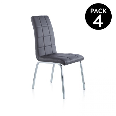 Cadeira cinza estofada com estrutura metálica em fundo branco e selo 