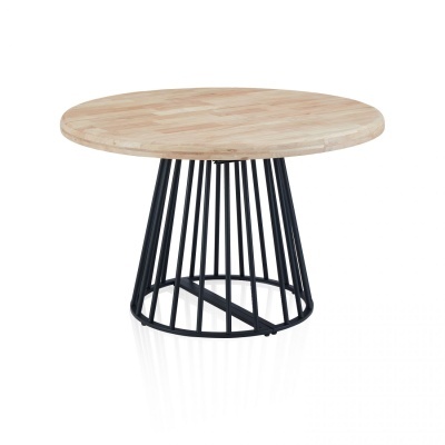 Mesa redonda com tampo em madeira clara e base metálica preta em barras verticais