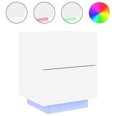 Móvel de gavetas branco com base azul iluminada, esquemas de cor circulares