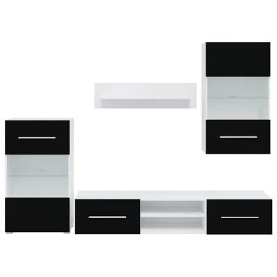 Conjunto de móvel para sala preto e branco com prateleiras e gavetas