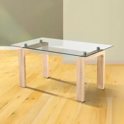 Mesa de jantar com tampo em vidro e pernas de madeira clara