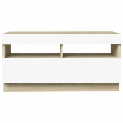 Móvel baixo de madeira clara com acabamento branco e compartimentos abertos