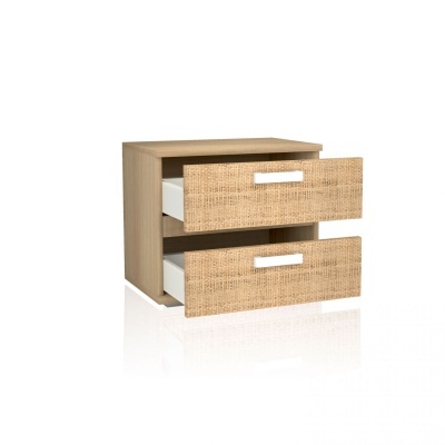 Móvel com duas gavetas em madeira clara e rattan