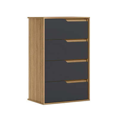 Cômoda com quatro gavetas em madeira natural e frentes pretas