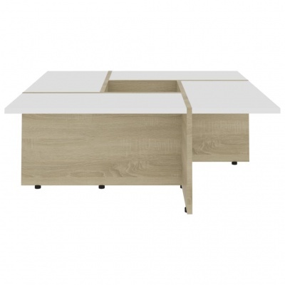 Mesa de centro quadrada com tampo branco e base de madeira clara