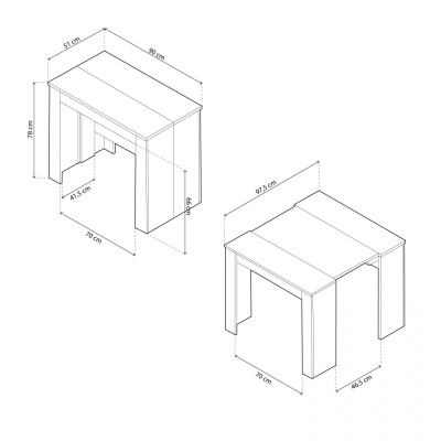 Desenho técnico de uma mesa extensível branca com dimensões