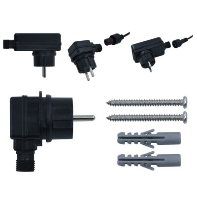 Conjunto de adaptadores elétricos pretos, parafusos prateados e buchas cinza