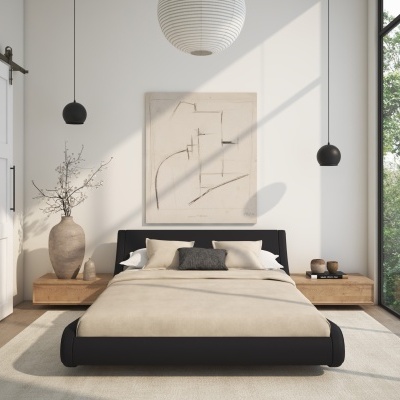 Quarto moderno com cama preta, roupa de cama bege, mesas de madeira e quadro abstrato