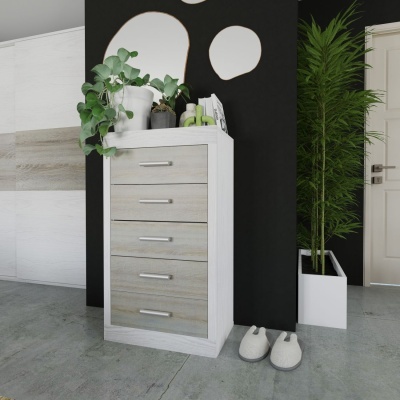 Móvel de gavetas branco e cinza com plantas, decorações de parede e chinelos junto a parede preta