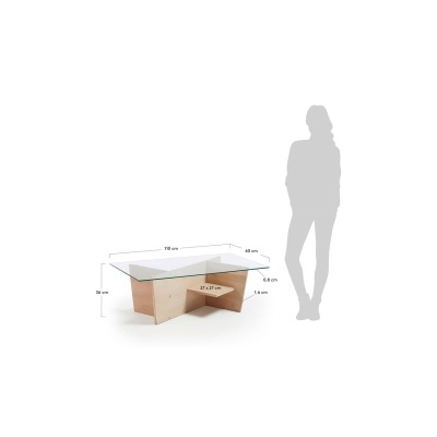 Mesa baixa com tampo de vidro e base de madeira clara com medidas