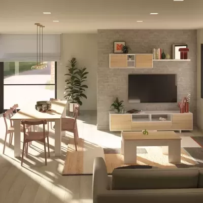 Sala de estar e jantar com mobiliário em madeira clara, sofá cinza, parede de pedra cinzenta e plantas decorativas