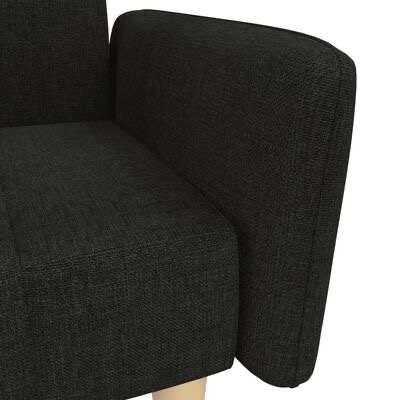 Sofá de canto preto com tecido texturizado e pernas de madeira clara