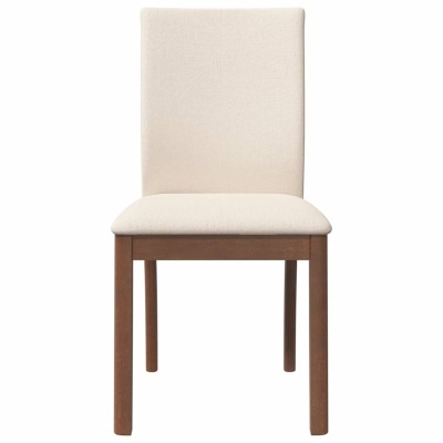 Cadeira de madeira castanha com assento e encosto estofados em tecido bege
