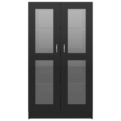 Armário preto de madeira com portas de vidro e puxadores prateados
