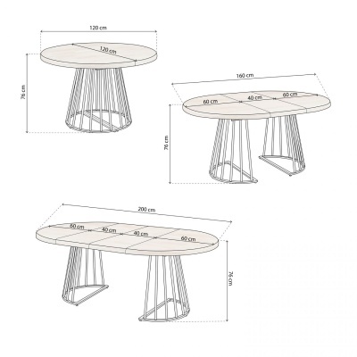 Desenho técnico de três mesas ovais com estrutura metálica preta e tampo claro com medidas
