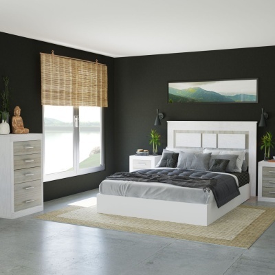 Quarto moderno com cama branca, cabeceira estofada cinza, cómoda de madeira clara e cortina de cortiça.