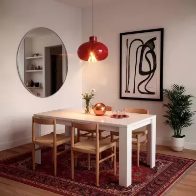 Mesa de jantar branca com quatro cadeiras de madeira, candeeiro vermelho e tapete persa vermelho