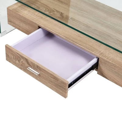 Gaveta de madeira castanha com interior branco e puxador metálico com tampo de vidro