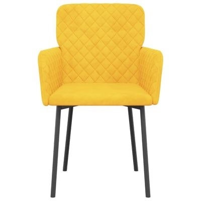 Cadeira amarela estofada com pernas metálicas pretas