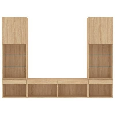 Móvel de parede em madeira clara com portas e prateleiras de vidro