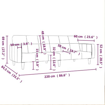 Desenho técnico de sofá com dimensões em cm e polegadas