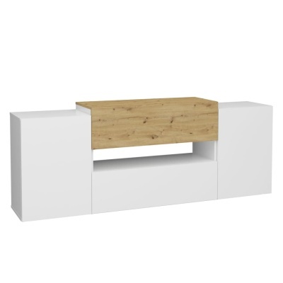 Mueble de TV branco com centro em madeira clara e design moderno