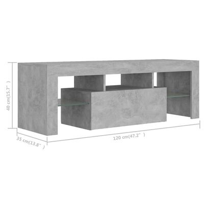 Mesa de centro retangular cinzenta estilo cimento com várias prateleiras e compartimento central