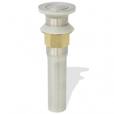 Sifão metálico prateado com porca dourada sobre fundo branco