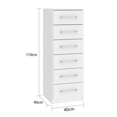 Móvel branco de seis gavetas com puxadores metálicos