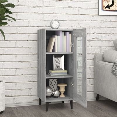 Armário pequeno de madeira cinza com porta de vidro e livros