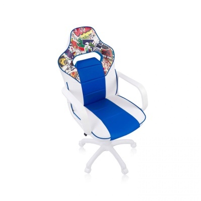 Cadeira de escritório azul e branca com padrão colorido no encosto