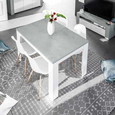 Mesa de jantar retangular cinzenta e branca com quatro cadeiras brancas e vaso com flores em tapete cinzento em sala de estar