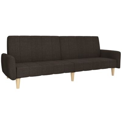 Sofá-cama três lugares tecido castanho escuro com pernas de madeira clara
