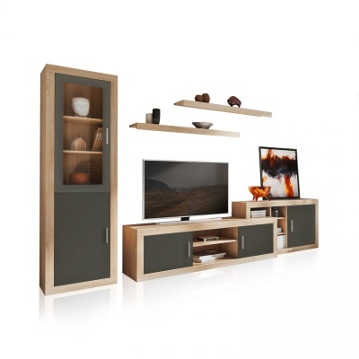 Conjunto de mobiliário moderno para sala com armário, aparador e prateleiras em madeira clara e cinzenta