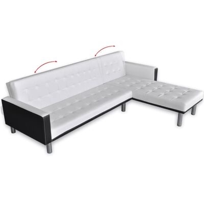 Sofá chaise longue branco e negro em couro sintético com botões e pernas metálicas