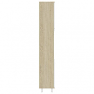 Estante vertical estreita em madeira clara com textura de veios naturais