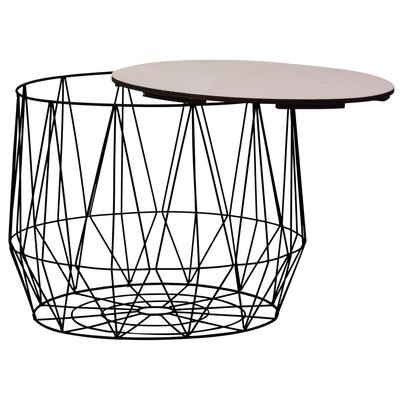 Mesa de centro preta de metal com tampo redondo de madeira clara