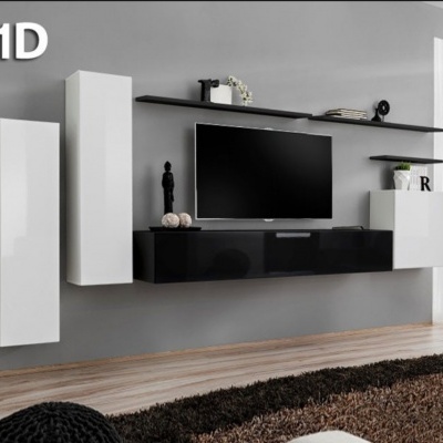 Conjunto de móveis suspensos em preto e branco na sala de estar