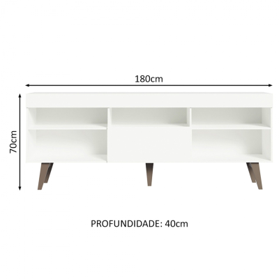Móvel de sala branco com compartimentos abertos e pernas em madeira escura, com dimensões indicadas