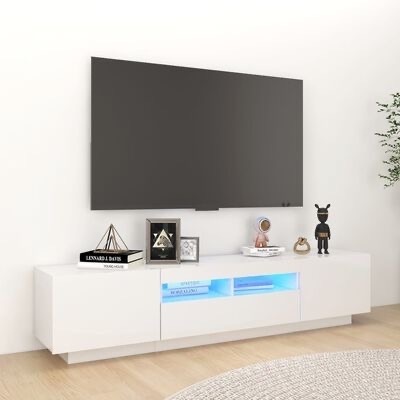 Móvel branco de sala com TV montada na parede, decoração sobre o móvel e planta ao lado.