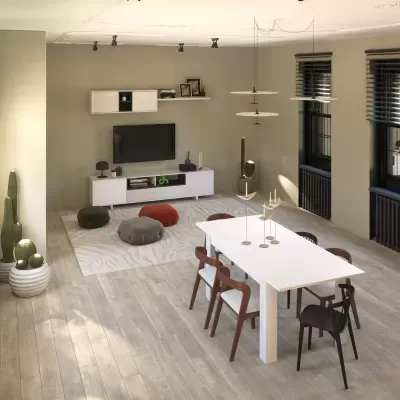 Sala moderna com mesa de jantar branca e cadeiras, estante de TV branca, pufes e plantas em ambiente claro