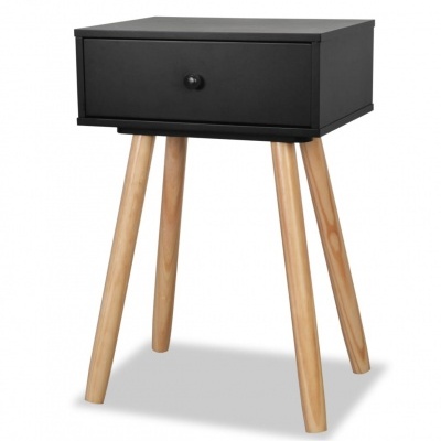 Mesa de cabeceira preta com gaveta e pés de madeira clara