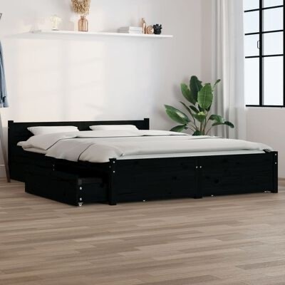 Cama de casal preta com gavetas em quarto minimalista
