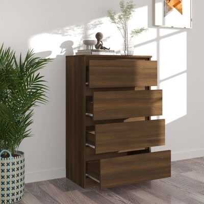 Cómoda de madeira castanha com quatro gavetas abertas, planta em vaso decorativo ao lado