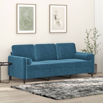Sofá azul turquesa de três lugares com tapete cinza e decoração de parede minimalista