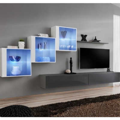 Móveis de parede modernos brancos e cinzentos com iluminação azul, televisão preta e decoração