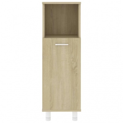 Móvel de arrumação vertical em madeira clara com porta e prateleira aberta