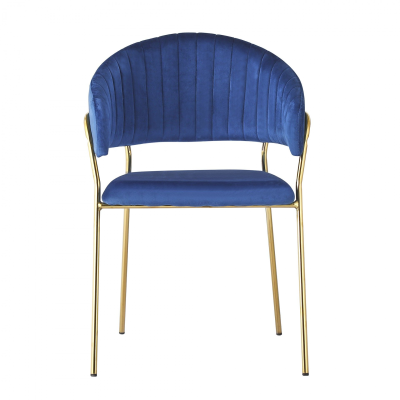 Cadeira azul de veludo com estrutura metálica dourada