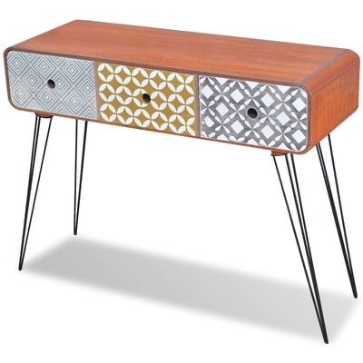 Mesa de apoio em madeira com três gavetas coloridas e pernas de metal preto